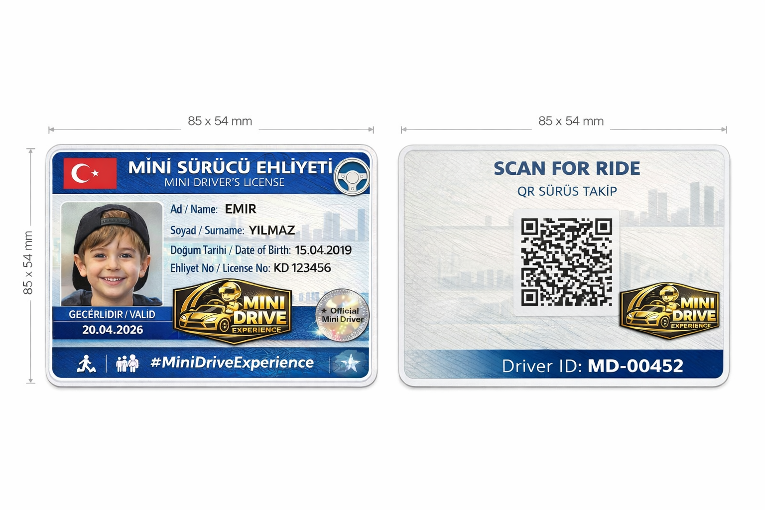Mini Drive Experience dijital sürücü ehliyeti ön ve arka yüz, QR kod ile